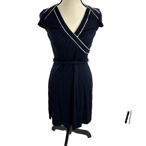 Loft Womens Size 0 Dress Navy Blue Short Sleeve Wrap V Neck Belted Casual